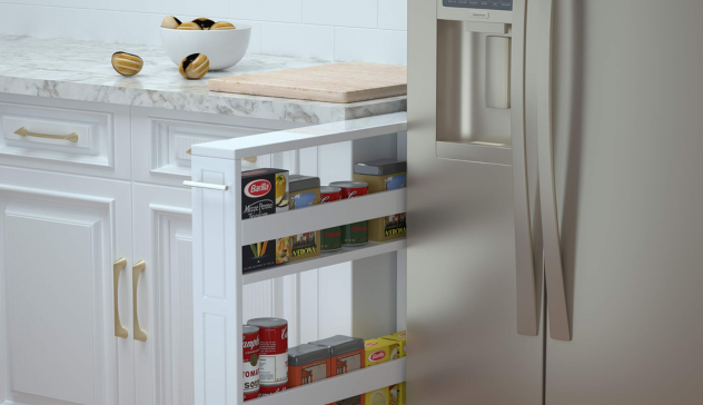 A close-up of a tall pullout pantry unit stocked with jars and canned goods. Shelves should show tiered, adjustable racks and soft-close slides. The background should feature neutral cabinetry for a cohesive modular look.