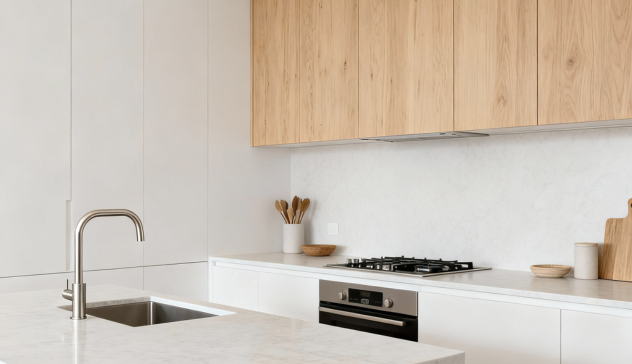 A bright, eco-friendly kitchen featuring plywood veneer cabinets, quartz surfaces, and brushed metal fixtures. The image should show layered tones white, light oak, and soft matte finishes to reflect elegance and sustainability.