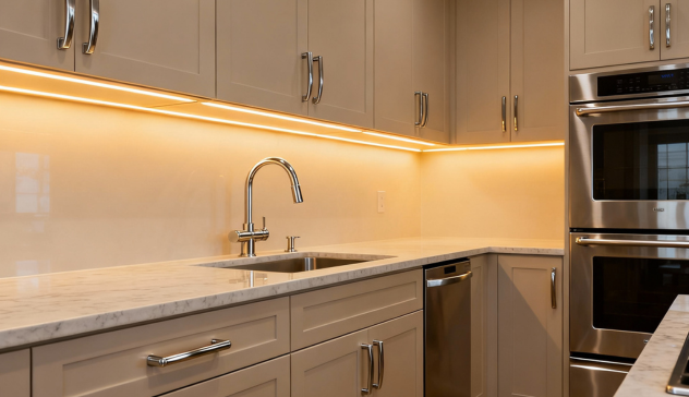 A contemporary kitchen showcasing brushed nickel handles, soft-close drawers, and under-cabinet lighting. The image should highlight a simple layout that feels luxurious through lighting and hardware finishes rather than costly materials.