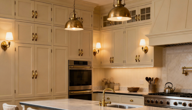 Show antique brass pulls and vintage-style light fixtures paired with shaker-style cabinets. A warm ambiance with neutral tones and soft textures evokes the charm of early 20th-century design merged with contemporary elegance.
