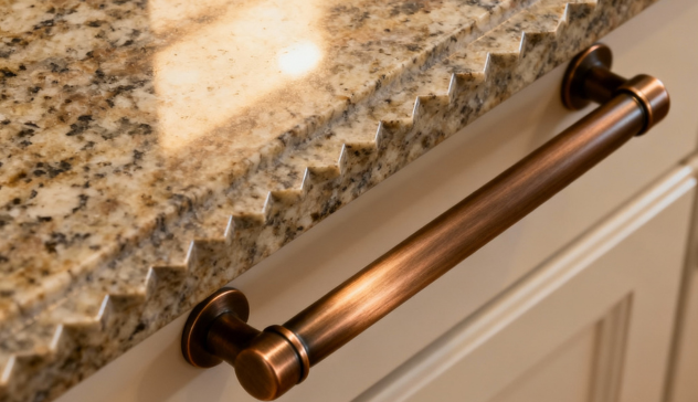 Close-up of a textured granite surface with beveled edges and brushed bronze handles. Include soft lighting reflecting off the countertop to emphasize luxury and resilience at an affordable cost.