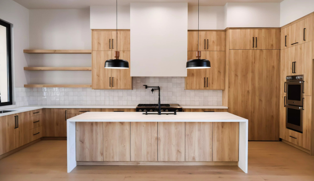Highlight reclaimed wood cabinetry, FSC-certified plywood, or composite cabinets with matte eco finishes. Add greenery or natural light to reinforce the eco-conscious aesthetic of sustainable design.