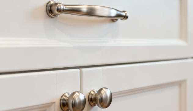 Focus on brushed nickel handles and knobs installed on white or dark cabinetry. A crisp, clean, and elegant look illustrating how subtle metal finishes elevate kitchen design affordably.