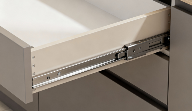 A close-up image of a soft-close drawer system, highlighting smooth motion and quiet operation. The photo should emphasize functionality and craftsmanship, blending practicality with modern appeal.