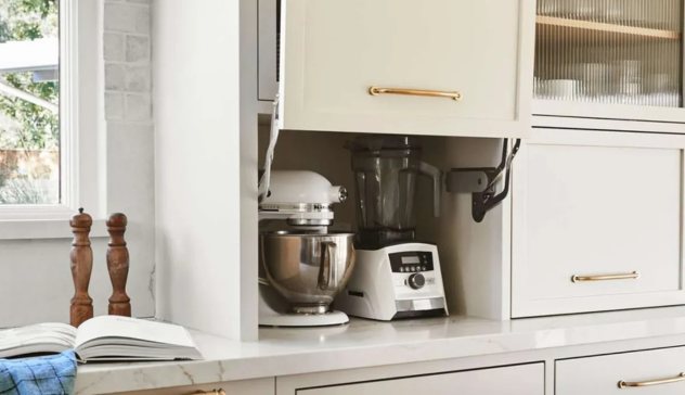 Depict hidden compartments, vertical shelving, and motion-sensor lighting integrated into cabinetry. The focus should be on space efficiency and discreet, elegant organization.