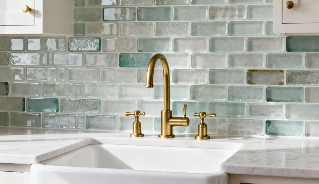 A stylish backsplash combining recycled glass tiles and brushed gold fixtures, paired with a farmhouse sink. The look should be contemporary yet attainable clean, bright, and full of texture.