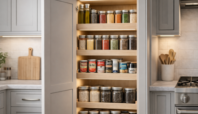 Maximizing Kitchen Space with Pull-Out Pantry Storage Solutions A modern kitchen pull-out pantry featuring adjustable shelving, integrated LED lighting, and smooth-glide storage designed to maximize vertical space and improve organization without increasing kitchen size.