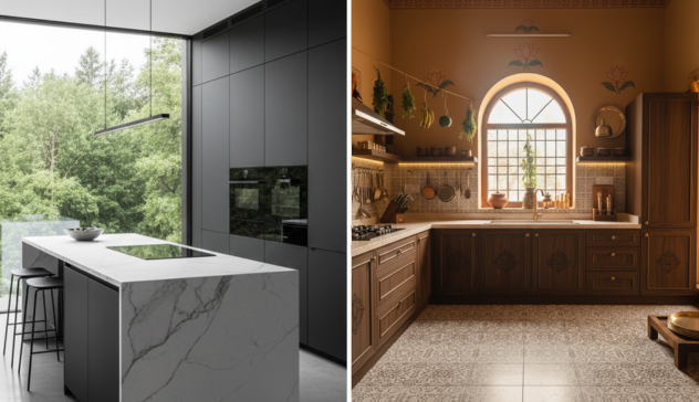 A split view of a modern open kitchen beside a warm, classic traditional layout.