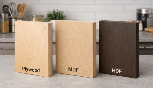 Best Materials for Modular Kitchen Cabinets A modern modular kitchen showcasing plywood, MDF, and HDF cabinet materials side by side, highlighting durability, finish quality, and suitability for everyday kitchen use in contemporary homes.