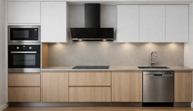 Seamlessly integrated appliances for a clean kitchen layout.