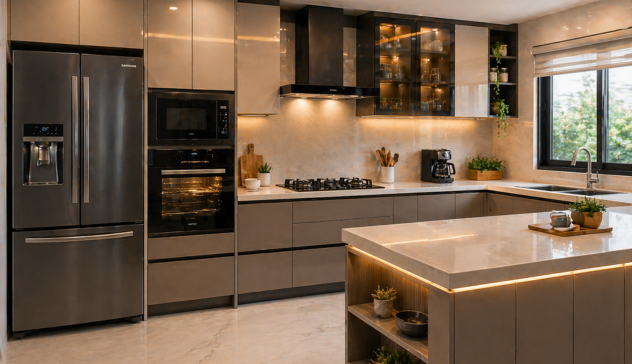 Modern kitchen with built-in oven, chimney, hob, and refrigerator planned within modular cabinets