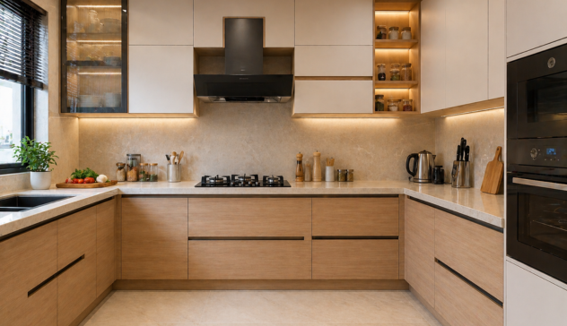 Modern kitchen cabinets made with BWP plywood designed for moisture resistance and durability