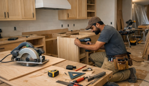 carpenter building kitchen cabinets at home using plywood and tools