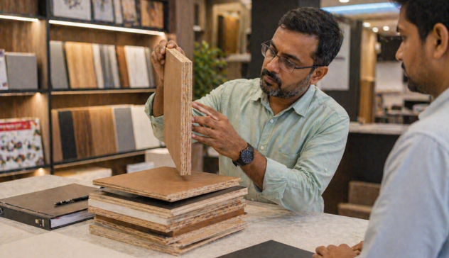 Customer inspecting plywood quality and thickness before purchasing kitchen cabinets