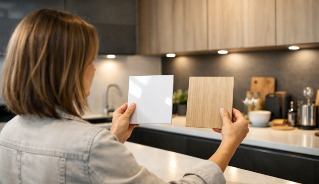 Homeowner comparing cabinet samples in showroom