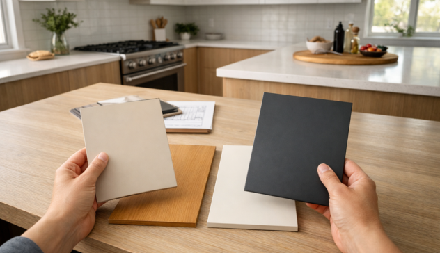 homeowner selecting kitchen cabinet colors samples modern kitchen planning