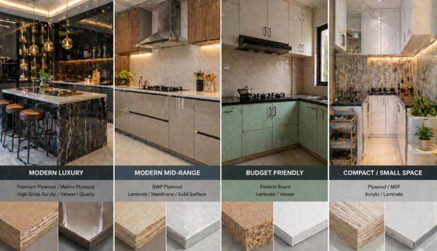 Different homeowners selecting kitchen materials based on budget and usage