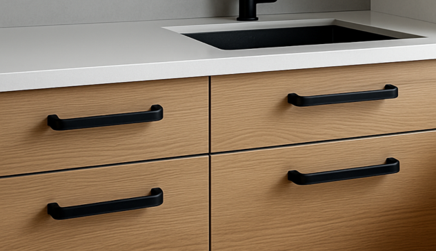 Matte black pulls displayed on modern cabinetry, paired with natural wood tones, eco-friendly cabinets, and a clean contemporary aesthetic.