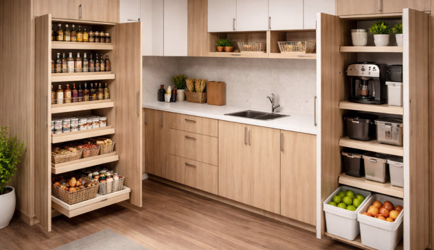 Custom Storage Solutions for Modular Kitchens Custom modular cabinetry with deep drawers, pull-outs, and adjustable shelving for maximum storage efficiency.