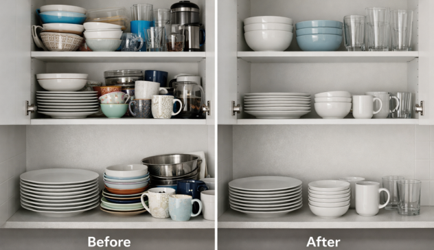 Kitchen cabinet being decluttered before adding organizers.