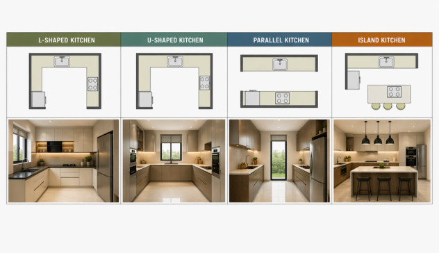 Comparison of L-shaped, U-shaped, parallel and island kitchen layouts in modern homes