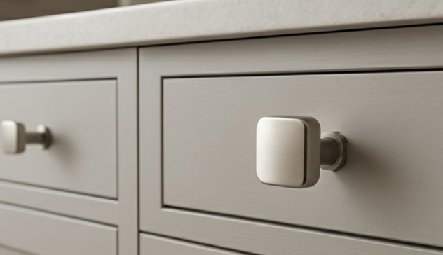 High-grade stainless steel knobs shown on moisture-prone kitchen areas, emphasizing corrosion resistance and sleek appearance.