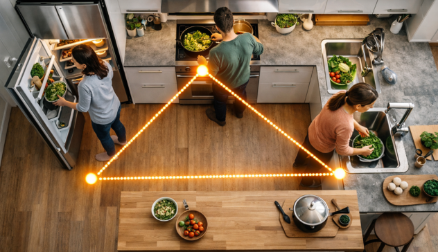 Illustration showing shorter steps between cooking zones for faster meal prep.