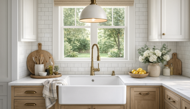 Farmhouse Sink in a Modern Kitchen Design Apron-front farmhouse sink paired with modern cabinetry and countertops, blending classic charm with everyday functionality.