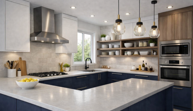 Large modular kitchen with G-shaped layout offering extended countertop and storage.