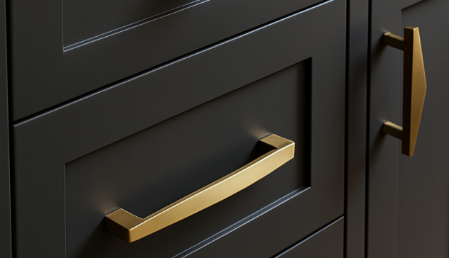 Bold, angular cabinet pulls and ceramic knobs creating a striking focal point, paired with mixed materials like brushed bronze or vintage accents.