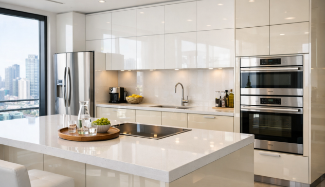Bright modular kitchen with glossy finish cabinets reflecting light, creating a modern and spacious look.
