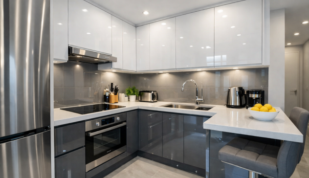 Small modular kitchen with glossy finish cabinets reflecting light to create an open and spacious feel.