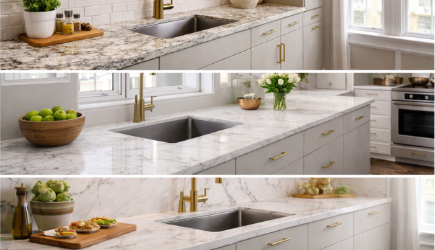 Modern modular kitchen island with granite and quartz countertops.
