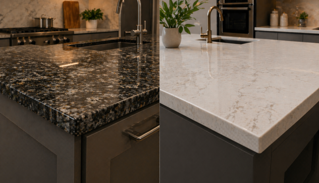 Comparison of granite and quartz countertops in a modular kitchen setup