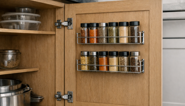 Cabinet doors used for spice racks and lid organizers.