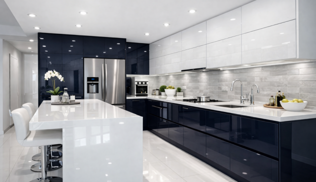 Glossy acrylic kitchen cabinets with mirror-like finish reflecting light