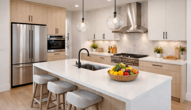 Kitchen island integrated seamlessly into the work triangle.