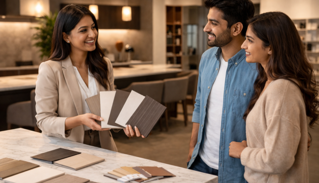 Interior designer showing laminate and acrylic options to homeowner