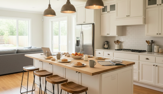 Island Kitchen Layout with Central Workspace An open island kitchen layout featuring a large central island surrounded by base cabinets. Designed for social cooking, family gatherings, and entertaining, this layout offers seating, prep space, and a natural focal point in kitchens with wide, open floor plans.