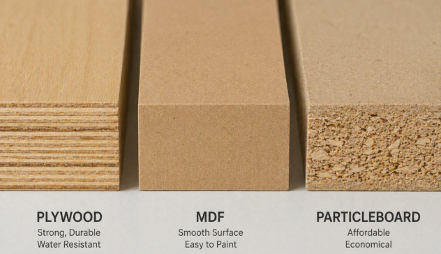 Comparison of plywood, MDF, and particleboard materials used in modular kitchen cabinets