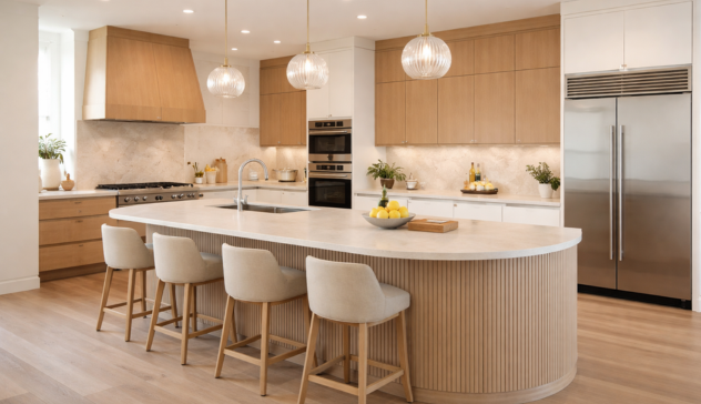 Kitchen island sized correctly to match the kitchen layout.