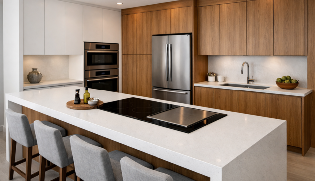 Kitchen island integrated with sink or cooktop for convenience.