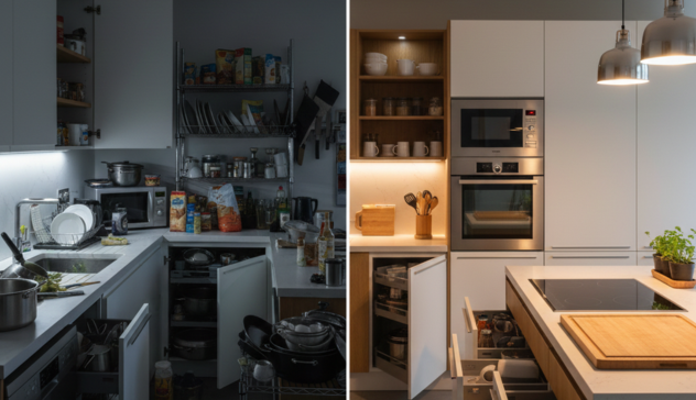 Kitchen Layout Designed for Real Cooking Habits A practical kitchen designed for daily cooking routines, highlighting ergonomic storage, easy-access cabinets, and organized countertops.