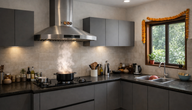 Modern modular kitchen with chimney hood and ventilation system above stove.