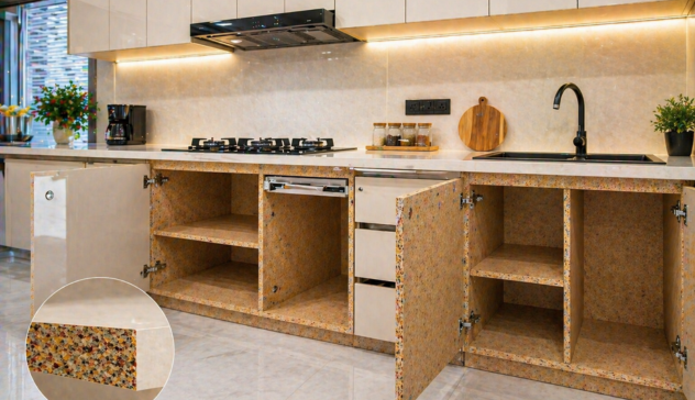 Kitchen showing partical bord structure used in budget cabinets