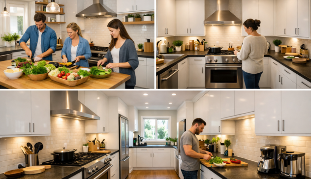 Kitchen Workflow Efficiency by Layout Illustration showing cooking movement paths in different kitchen layouts for efficiency and comfort