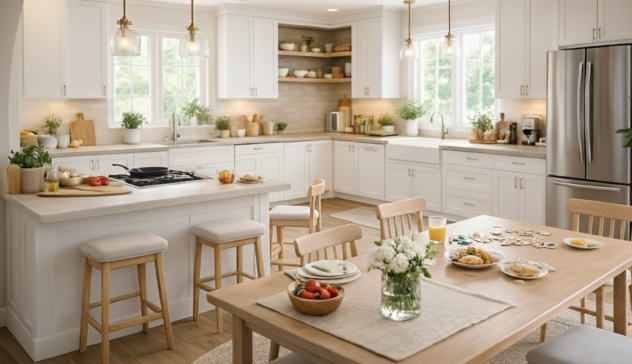 L-Shaped Kitchen Layout for Open and Family Spaces An L-shaped kitchen layout that uses two connected walls to create an open and flexible cooking area. This design supports easy movement, accommodates multiple cooks, and leaves room for a small dining table or casual seating at the open end.