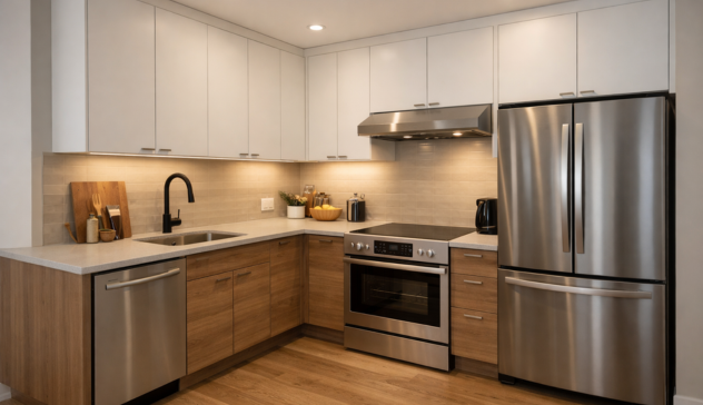 Modern L-shaped modular kitchen with corner cabinets and efficient workflow.