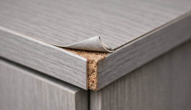 Close-up of laminate cabinet edge showing peeling or damage
