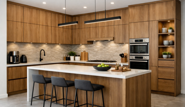 Kitchen cabinets with matte laminate and wood grain finishes